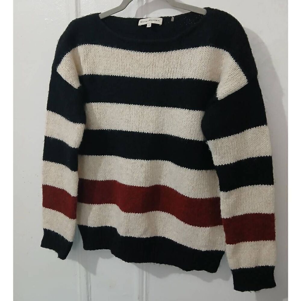 White Warren womens Medium Sweater alpaca wool boat neck maroon ivory Stripe